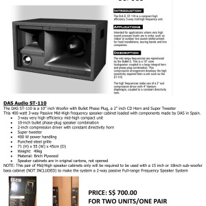 DAS ST-110 400W @ 8 Ohms MID/HI SPEAKER CABINET ONLY