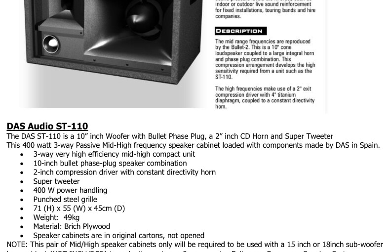 DAS ST-110 400W @ 8 Ohms MID/HI SPEAKER CABINET ONLY