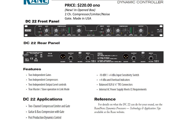 RANE DC 22 TWO CHANNEL COMPRESSOR / LIMITER / NOISE GATE